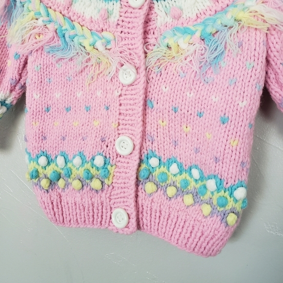 Baby Platinum Vintage Baby Girl 12 Months Knit Sweater Cardigan Pink Pom Fringe - Picture 6 of 6